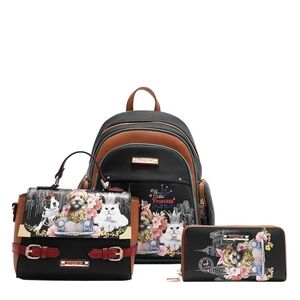 Nicole Lee Black and Brown Cat Print Backpack Set